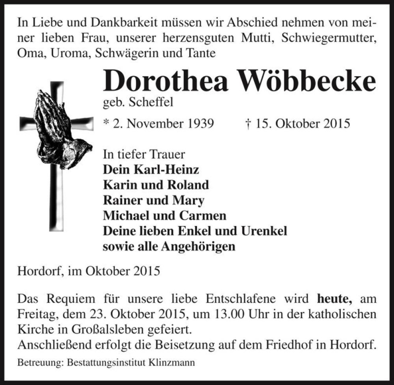  Traueranzeige für Dorothea Wöbbecke (geb. Scheffel)  vom 23.10.2015 aus Magdeburger Volksstimme