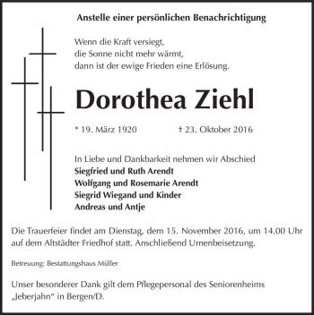 Traueranzeige von Dorothea Ziehl  von Magdeburger Volksstimme