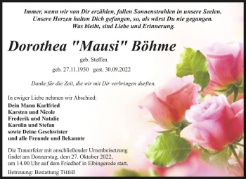 Traueranzeige von Dorothea “Mausi“ Böhme (geb. Steffen)  von Magdeburger Volksstimme