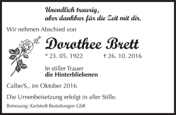 Traueranzeige von Dorothee Brett  von Magdeburger Volksstimme