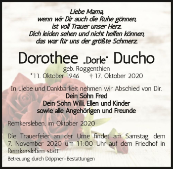 Traueranzeige von Dorothee Ducho (geb. Roggenthien)  von Magdeburger Volksstimme
