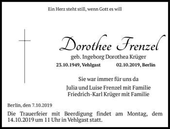 Traueranzeige von Dorothee Frenzel (geb. Ingeborg Dorothea Krüger)  von Magdeburger Volksstimme