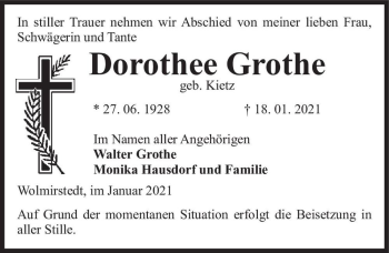Traueranzeige von Dorothee Grothe (geb. Kietz)  von Magdeburger Volksstimme