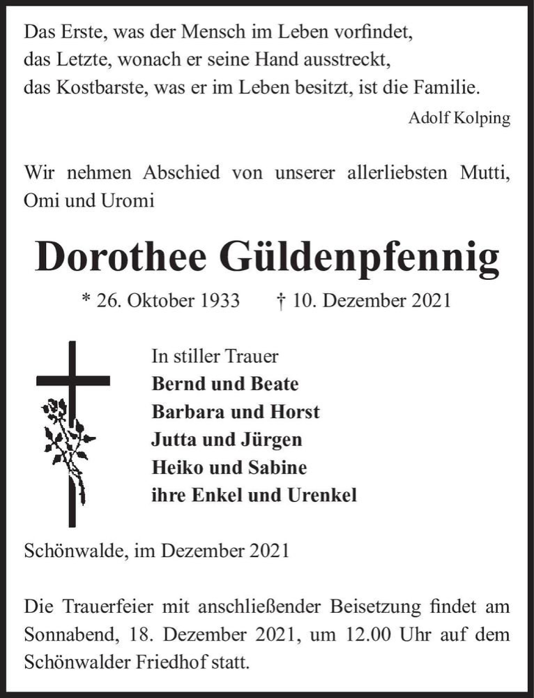  Traueranzeige für Dorothee Güldenpfennig  vom 15.12.2021 aus Magdeburger Volksstimme