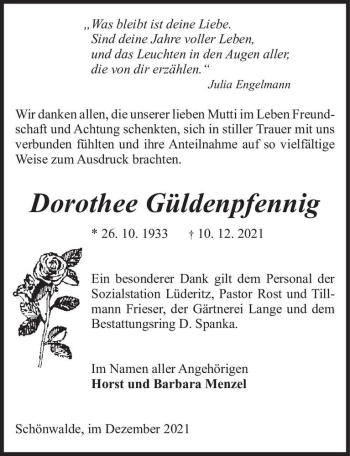 Traueranzeige von Dorothee Güldenpfennig  von Magdeburger Volksstimme