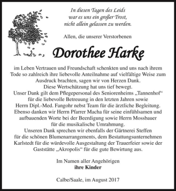 Traueranzeige von Dorothee Harke  von Magdeburger Volksstimme