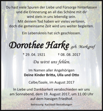 Traueranzeige von Dorothee Harke (geb. Markgraf)  von Magdeburger Volksstimme