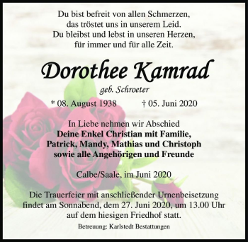 Traueranzeige von Dorothee Kamrad (geb. Schroeter)  von Magdeburger Volksstimme