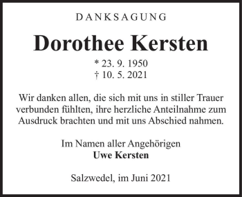Traueranzeige von Dorothee Kersten  von Magdeburger Volksstimme