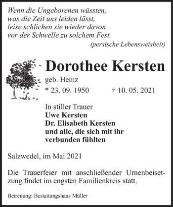 Traueranzeige von Dorothee Kersten (geb. Heinz)  von Magdeburger Volksstimme