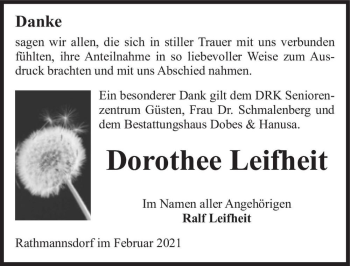 Traueranzeige von Dorothee Leifheit  von Magdeburger Volksstimme