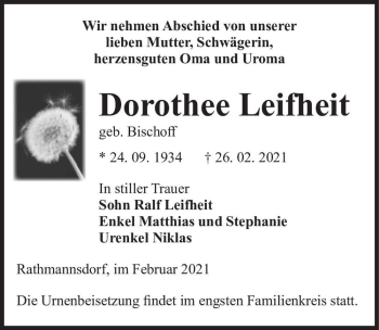 Traueranzeige von Dorothee Leifheit (geb. Bischoff)  von Magdeburger Volksstimme
