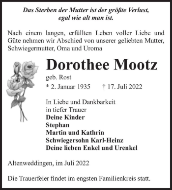 Traueranzeige von Dorothee Mootz (geb. Rost)  von Magdeburger Volksstimme