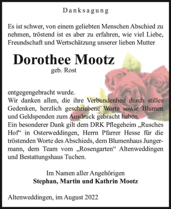 Traueranzeige von Dorothee Mootz (geb. Rost)  von Magdeburger Volksstimme
