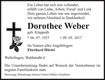 Traueranzeige von Dorothee Weber (geb. Klappoth)  von Magdeburger Volksstimme