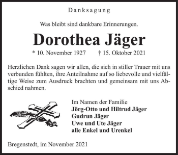 Traueranzeige von Dorthea Jäger  von Magdeburger Volksstimme