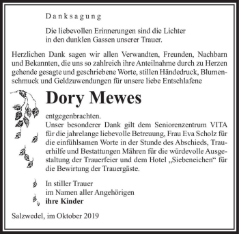 Traueranzeige von Dory Mewes  von Magdeburger Volksstimme