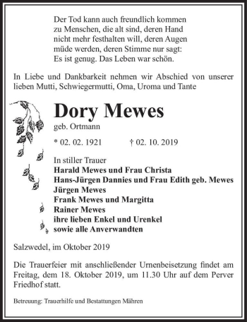 Traueranzeige von Dory Mewes (geb. Ortmann)  von Magdeburger Volksstimme