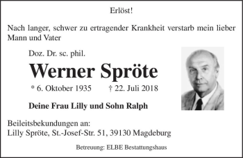 Traueranzeige von Doz. Dr. sc. phil. Werner Spröte  von Magdeburger Volksstimme
