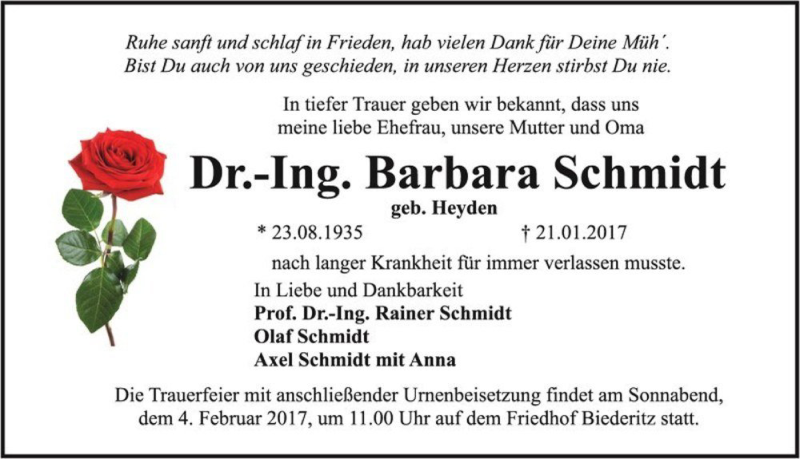  Traueranzeige für Dr.-Ing. Barbara Schmidt (geb. Heyden)  vom 28.01.2017 aus Magdeburger Volksstimme