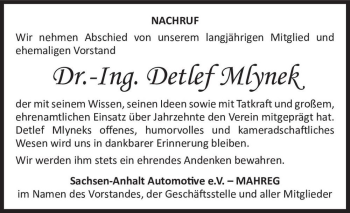 Traueranzeige von Dr.-Ing. Detlef Mlynek  von Magdeburger Volksstimme