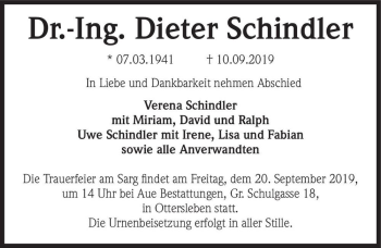 Traueranzeige von Dr.-Ing. Dieter Schindler  von Magdeburger Volksstimme