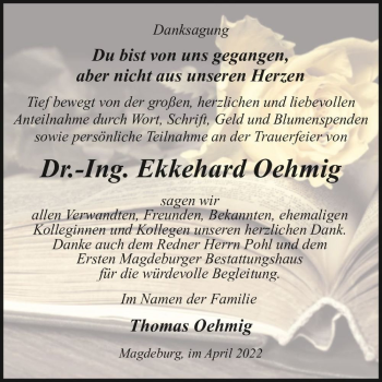 Traueranzeige von Dr.-Ing. Ekkehard Oehmig  von Magdeburger Volksstimme