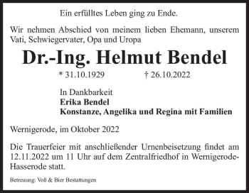 Traueranzeige von Dr.-Ing. Helmut Bendel  von Magdeburger Volksstimme