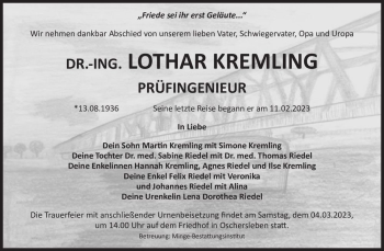 Traueranzeige von Dr.-Ing. Lothar Kremling  von Magdeburger Volksstimme