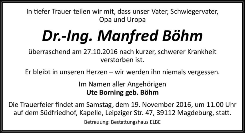  Traueranzeige für Dr.-Ing. Manfred Böhm  vom 05.11.2016 aus Magdeburger Volksstimme