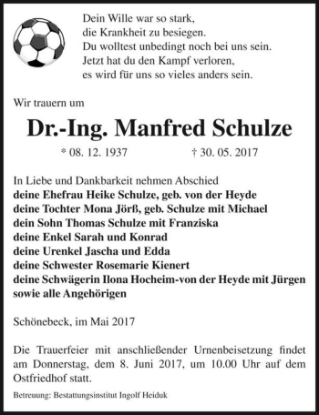 Traueranzeige von Dr.-Ing. Manfred Schulze  von Magdeburger Volksstimme