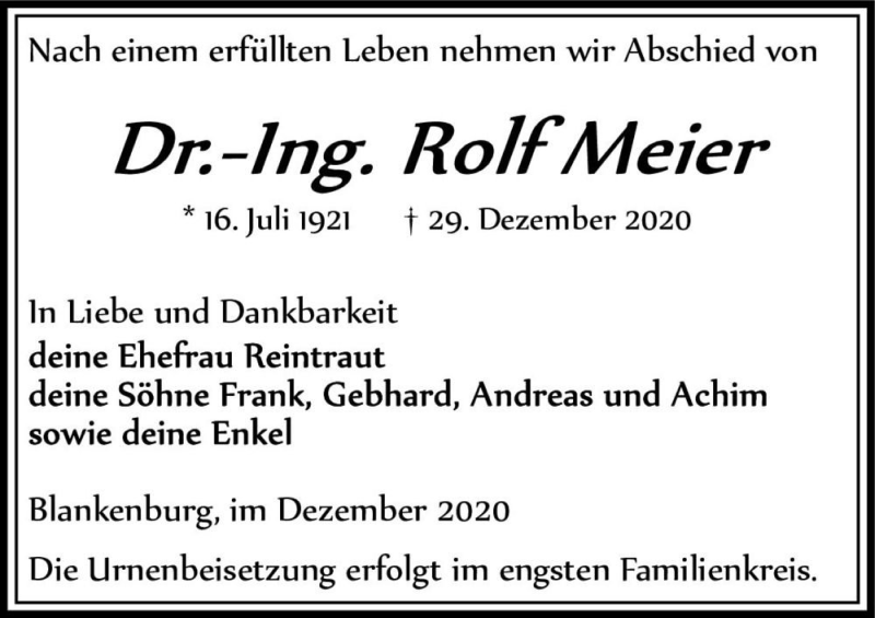  Traueranzeige für Dr.-Ing. Rolf Meier  vom 09.01.2021 aus Magdeburger Volksstimme