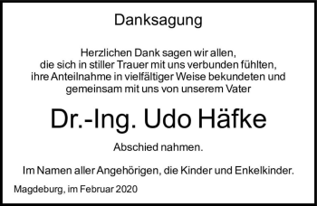 Traueranzeige von Dr.-Ing. Udo Häfke  von Magdeburger Volksstimme