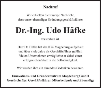 Traueranzeige von Dr.-Ing. Udo Häfke  von Magdeburger Volksstimme