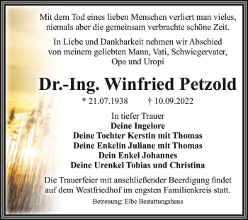 Traueranzeige von Dr.-Ing. Winfried Petzold  von Magdeburger Volksstimme