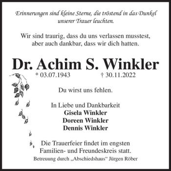 Traueranzeige von Dr. Achim S. Winkler  von Magdeburger Volksstimme