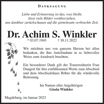 Traueranzeige von Dr. Achim S. Winkler  von Magdeburger Volksstimme