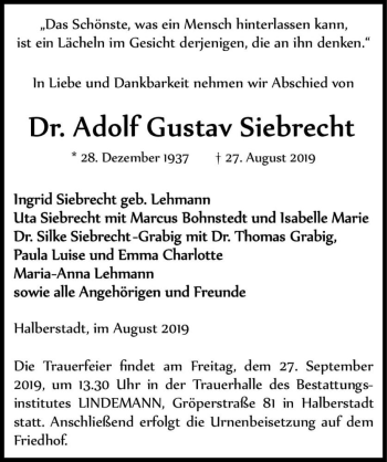Traueranzeige von Dr. Adolf Gustav Siebrecht  von Magdeburger Volksstimme