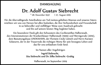 Traueranzeige von Dr. Adolf Gustav Siebrecht  von Magdeburger Volksstimme