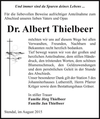 Traueranzeige von Dr. Albert Thielbeer  von Magdeburger Volksstimme