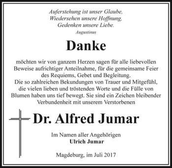 Traueranzeige von Dr. Alfred Jumar  von Magdeburger Volksstimme