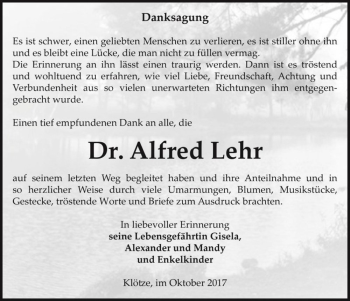 Traueranzeige von Dr. Alfred Lehr  von Magdeburger Volksstimme