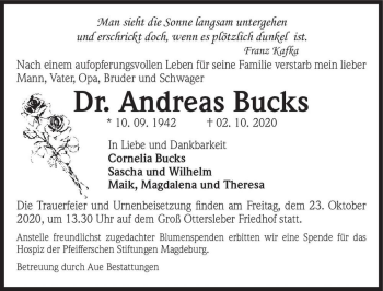 Traueranzeige von Dr. Andreas Bucks  von Magdeburger Volksstimme