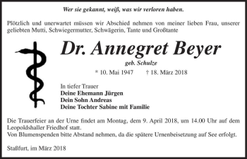 Traueranzeige von Dr. Annegret Beyer  von Magdeburger Volksstimme