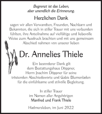 Traueranzeige von Dr. Annelies Thiele  von Magdeburger Volksstimme