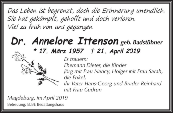 Traueranzeige von Dr. Annelore Ittenson (geb. Badstübner)  von Magdeburger Volksstimme