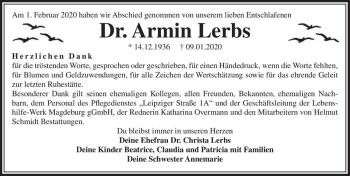 Traueranzeige von Dr. Armin Lerbs  von Magdeburger Volksstimme