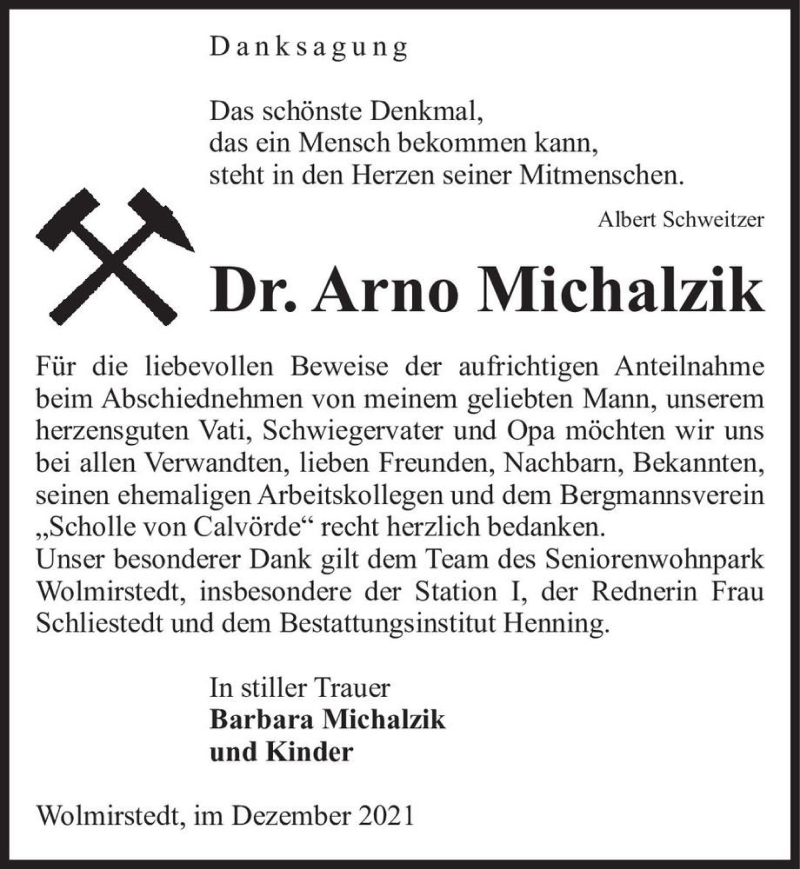  Traueranzeige für Dr. Arno Michalzik  vom 11.12.2021 aus Magdeburger Volksstimme