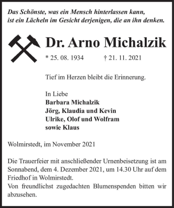 Traueranzeige von Dr. Arno Michalzik  von Magdeburger Volksstimme