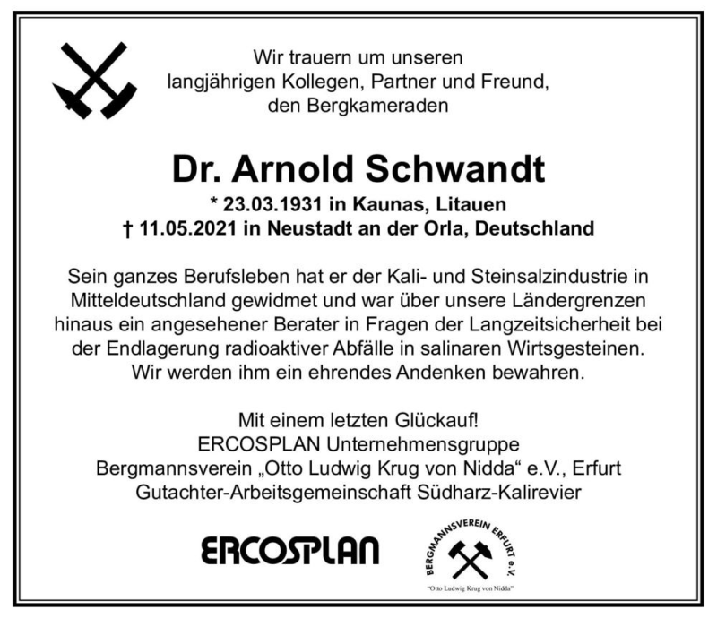  Traueranzeige für Dr. Arnold Schwandt  vom 22.05.2021 aus Magdeburger Volksstimme